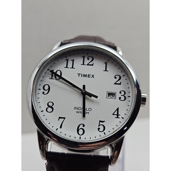 Timex Easy Reader 38mm Silver White Watch Indiglo Date Leather Strap New Battery - Picture 4 of 13